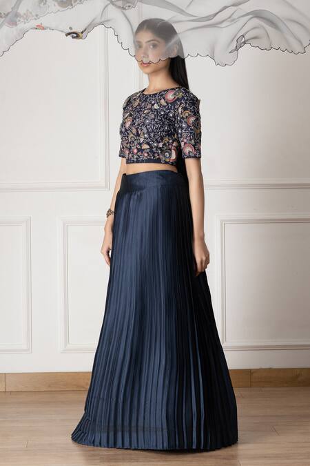 Buy Neelu And Manvi Navy Silk, Organza Embroidery Round Neck Floral Blue Lehenga Set Online at Aza Fashions Buy_Neelu And Manvi_Navy Silk, Organza Embroidery Round Neck Floral Blue Lehenga Set _Online_at_Aza_Fashions