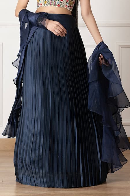 Neelu And Manvi_Off White Silk, Organza Embroidery, Ruffles V-neck Navy Blue Floral Lehenga Set _Online_at_Aza_Fashions