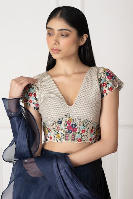 Buy_Neelu And Manvi_Off White Silk, Organza Embroidery, Ruffles V-neck Navy Blue Floral Lehenga Set _Online_at_Aza_Fashions