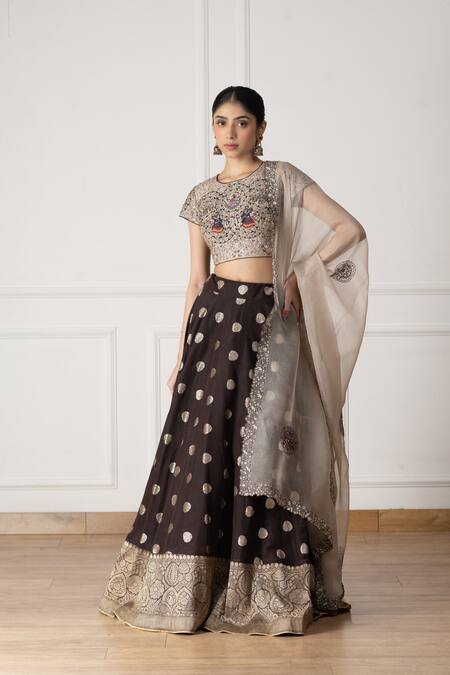 Neelu And Manvi Brown Chanderi , Organza, Embroidery Round Butti Pattern Lehenga Set Online at Aza Fashions Neelu And Manvi_Brown Chanderi , Organza, Embroidery Round Butti Pattern Lehenga Set _Online_at_Aza_Fashions