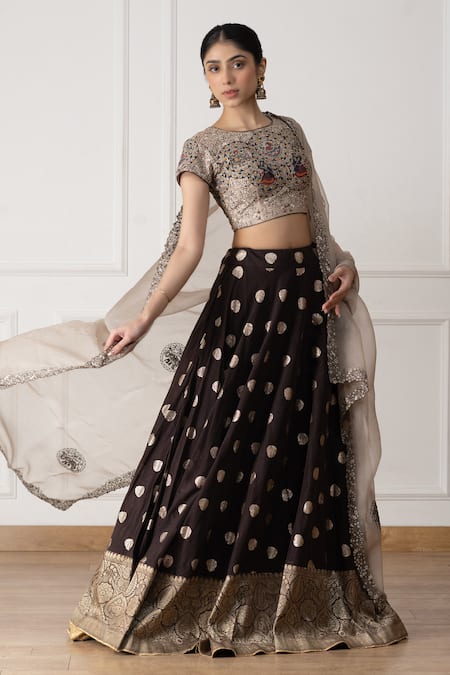 Buy Neelu And Manvi Brown Chanderi , Organza, Embroidery Round Butti Pattern Lehenga Set Online at Aza Fashions Buy_Neelu And Manvi_Brown Chanderi , Organza, Embroidery Round Butti Pattern Lehenga Set _Online_at_Aza_Fashions