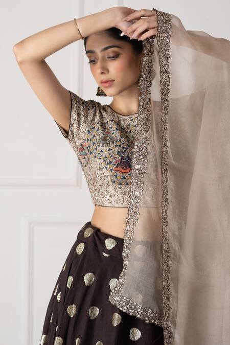 Shop Neelu And Manvi Brown Chanderi , Organza, Embroidery Round Butti Pattern Lehenga Set Online at Aza Fashions Shop_Neelu And Manvi_Brown Chanderi , Organza, Embroidery Round Butti Pattern Lehenga Set _Online_at_Aza_Fashions