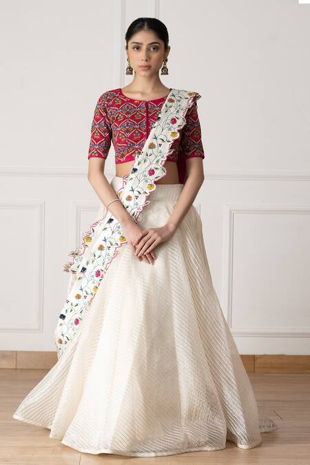 Neelu And Manvi_Pink Silk, Organza Embroidery Round Neck Floral Stripe Lehenga Set _Online_at_Aza_Fashions