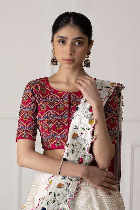 Shop_Neelu And Manvi_Pink Silk, Organza Embroidery Round Neck Floral Stripe Lehenga Set _Online_at_Aza_Fashions