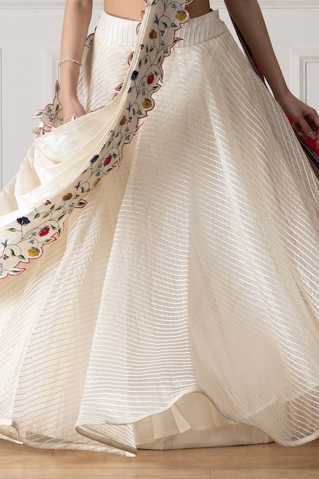 Neelu And Manvi_Pink Silk, Organza Embroidery Round Neck Floral Stripe Lehenga Set _at_Aza_Fashions