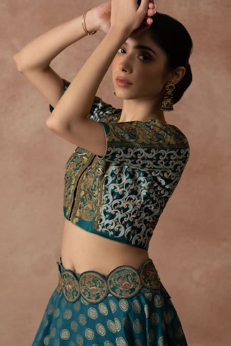 Shop Neelu And Manvi Green Chanderi , Embroidery V-neck Floral Lehenga Set Online at Aza Fashions Shop_Neelu And Manvi_Green Chanderi , Embroidery V-neck Floral Lehenga Set _Online_at_Aza_Fashions