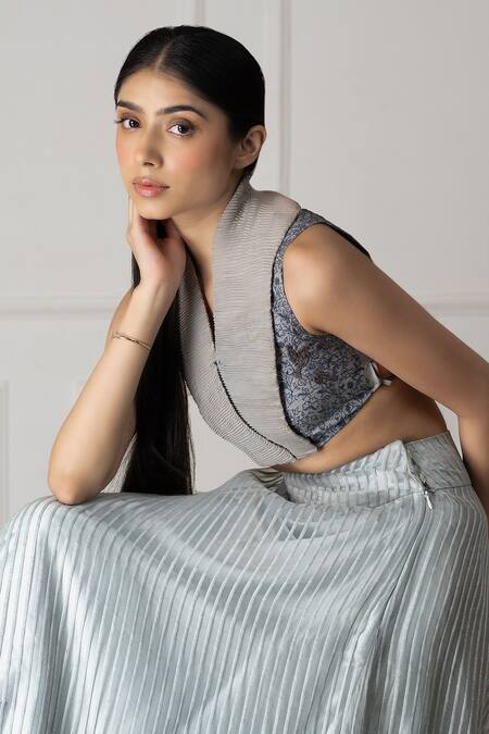 Neelu And Manvi_Blue Silk, Organza Embroidery Shawl Neck Floral Blouse And Stripe Lehenga _Online_at_Aza_Fashions