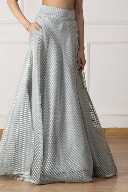 Buy_Neelu And Manvi_Blue Silk, Organza Embroidery Shawl Neck Floral Blouse And Stripe Lehenga _Online_at_Aza_Fashions