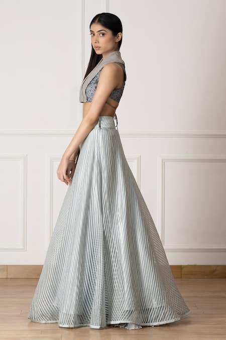 Shop_Neelu And Manvi_Blue Silk, Organza Embroidery Shawl Neck Floral Blouse And Stripe Lehenga _Online_at_Aza_Fashions