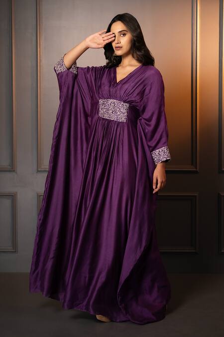 Neelu And Manvi Purple Cotton, Silk Zari V-neck Hand Embroidered Kaftan Online at Aza Fashions Neelu And Manvi_Purple Cotton, Silk Zari V-neck Hand Embroidered Kaftan _Online_at_Aza_Fashions