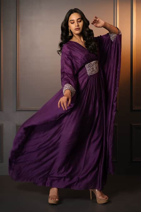 Shop Neelu And Manvi Purple Cotton, Silk Zari V-neck Hand Embroidered Kaftan Online at Aza Fashions Shop_Neelu And Manvi_Purple Cotton, Silk Zari V-neck Hand Embroidered Kaftan _Online_at_Aza_Fashions