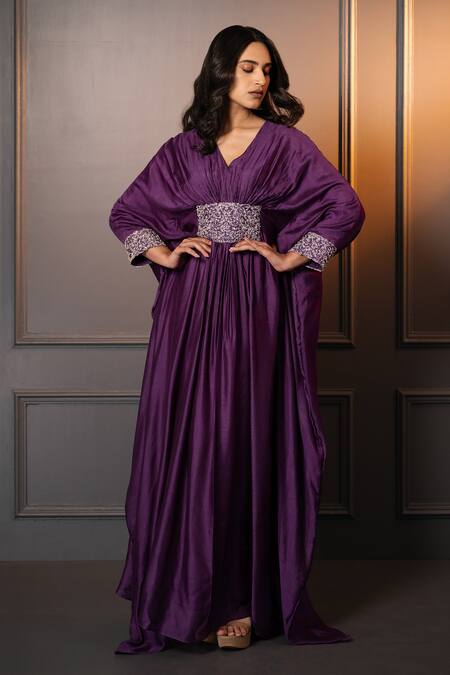Neelu And Manvi Purple Cotton, Silk Zari V-neck Hand Embroidered Kaftan at Aza Fashions Neelu And Manvi_Purple Cotton, Silk Zari V-neck Hand Embroidered Kaftan _at_Aza_Fashions
