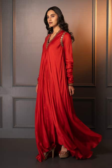 Neelu And Manvi Red Cotton, Silk Embroidery V-neck Floral Hand Asymmetric Gown Online at Aza Fashions Neelu And Manvi_Red Cotton, Silk Embroidery V-neck Floral Hand Asymmetric Gown _Online_at_Aza_Fashions