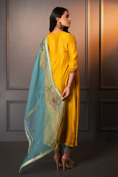 Shop Neelu And Manvi Yellow Cotton, Silk, Organza Embroidery V-neck Hand Kurta Set at Aza Fashions Shop_Neelu And Manvi_Yellow Cotton, Silk, Organza Embroidery V-neck Hand Kurta Set _at_Aza_Fashions
