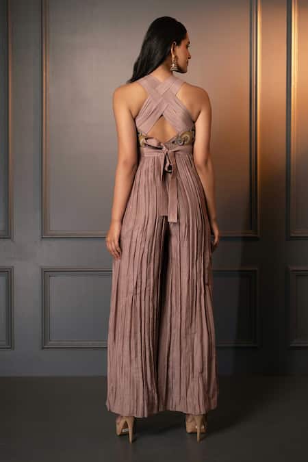 Shop Neelu And Manvi Pink Cotton, Silk Embroidery Round Neck Floral Thread Jumpsuit And Belt at Aza Fashions Shop_Neelu And Manvi_Pink Cotton, Silk Embroidery Round Neck Floral Thread Jumpsuit And Belt _at_Aza_Fashions