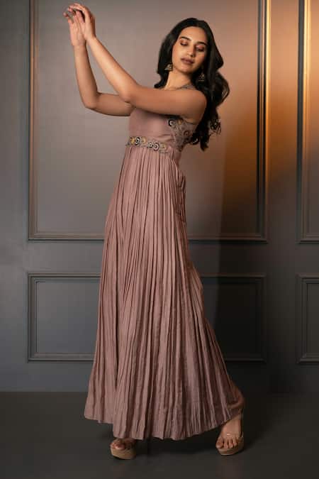 Neelu And Manvi Pink Cotton, Silk Embroidery Round Neck Floral Thread Jumpsuit And Belt Online at Aza Fashions Neelu And Manvi_Pink Cotton, Silk Embroidery Round Neck Floral Thread Jumpsuit And Belt _Online_at_Aza_Fashions