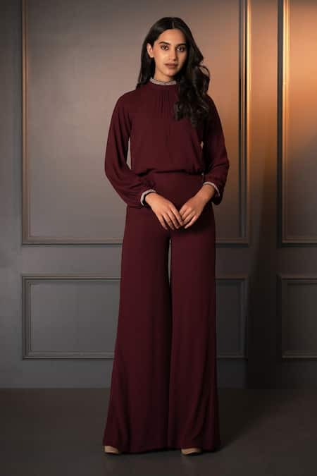 Neelu and Manvi Thread Embroidered Wine Top & Pant Set 