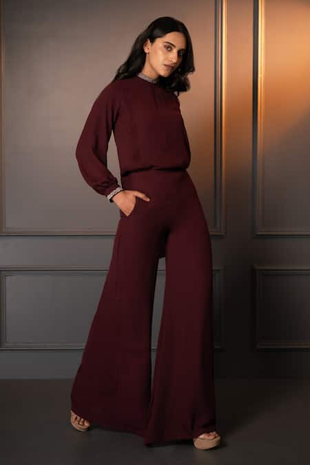 Shop Neelu And Manvi Wine Georgette Embroidery High Neck Thread Top And Pant Set at Aza Fashions Shop_Neelu And Manvi_Wine Georgette Embroidery High Neck Thread Top And Pant Set _at_Aza_Fashions