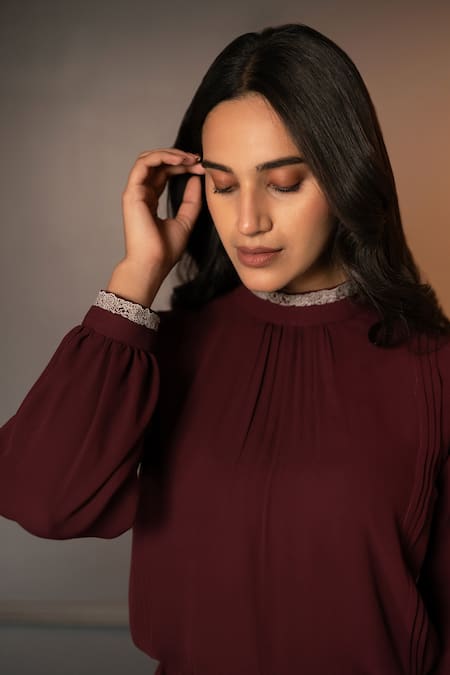 Buy Neelu And Manvi Wine Georgette Embroidery High Neck Thread Top And Pant Set Online at Aza Fashions Buy_Neelu And Manvi_Wine Georgette Embroidery High Neck Thread Top And Pant Set _Online_at_Aza_Fashions