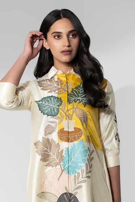 Neelu And Manvi_Off White Silk Applique Collared Floral Midi Shirt Dress _Online_at_Aza_Fashions