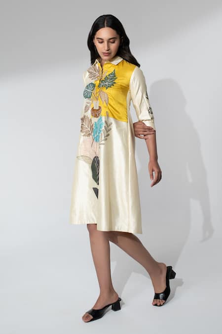 Buy_Neelu And Manvi_Off White Silk Applique Collared Floral Midi Shirt Dress _Online_at_Aza_Fashions