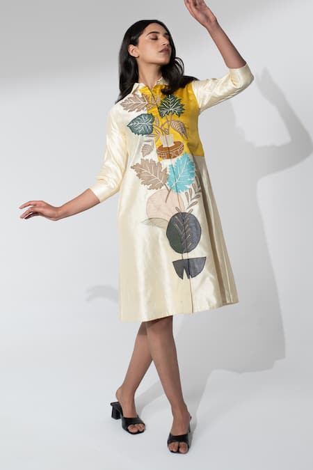 Shop_Neelu And Manvi_Off White Silk Applique Collared Floral Midi Shirt Dress _Online_at_Aza_Fashions