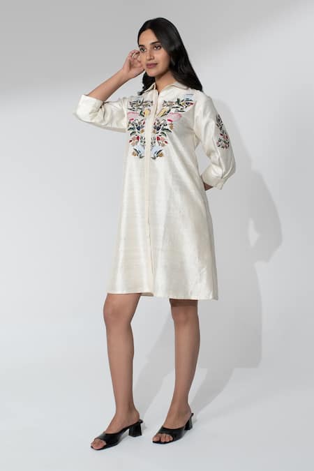 Neelu And Manvi Floral Thread Hand Embroidered Shirt Dress 