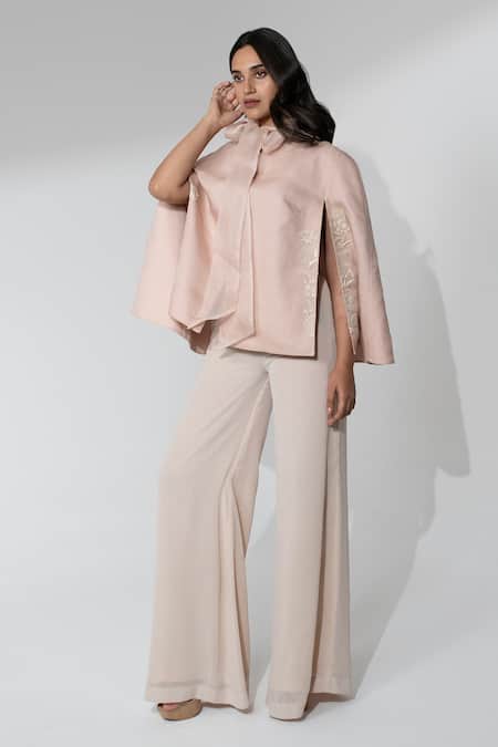 Buy_Neelu And Manvi_Pink Georgette Embroidered Organza Cape And Flared Pant Set _Online_at_Aza_Fashions