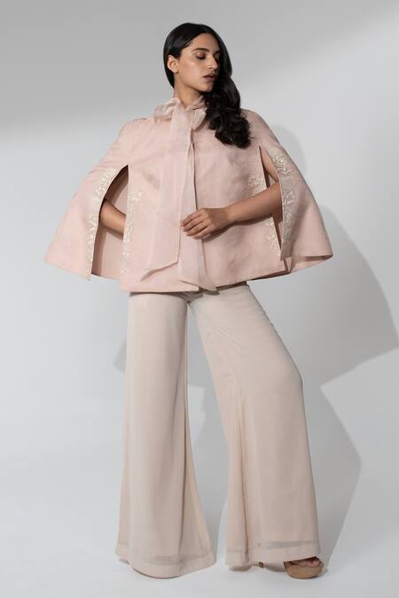 Shop_Neelu And Manvi_Pink Georgette Embroidered Organza Cape And Flared Pant Set _Online_at_Aza_Fashions