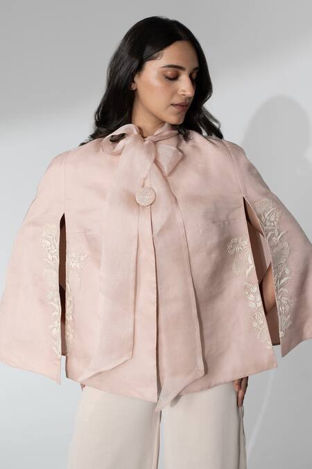 Neelu And Manvi_Pink Georgette Embroidered Organza Cape And Flared Pant Set _at_Aza_Fashions