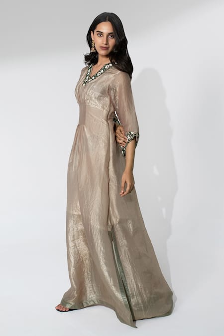 Neelu And Manvi_Gold Tissue Diamonds V-neck Dori Embroidered Kaftan _Online_at_Aza_Fashions