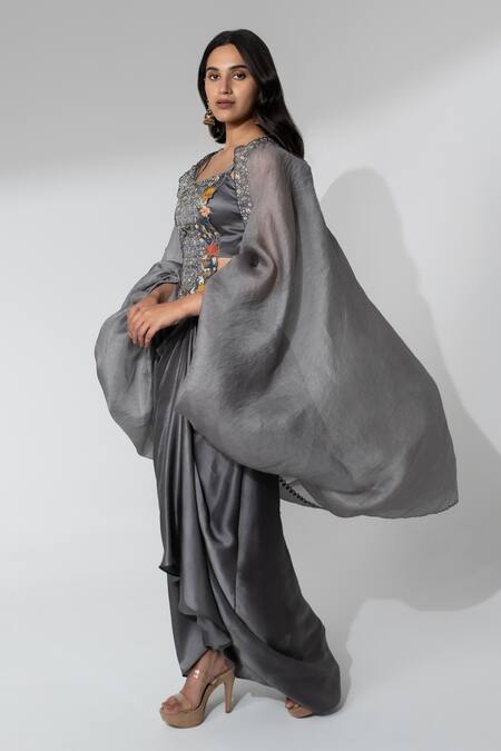Neelu And Manvi Gray Satin Embroidery, Applique Square Neck Floral Cape And Dhoti Skirt Set Online at Aza Fashions Neelu And Manvi_Gray Satin Embroidery, Applique Square Neck Floral Cape And Dhoti Skirt Set _Online_at_Aza_Fashions