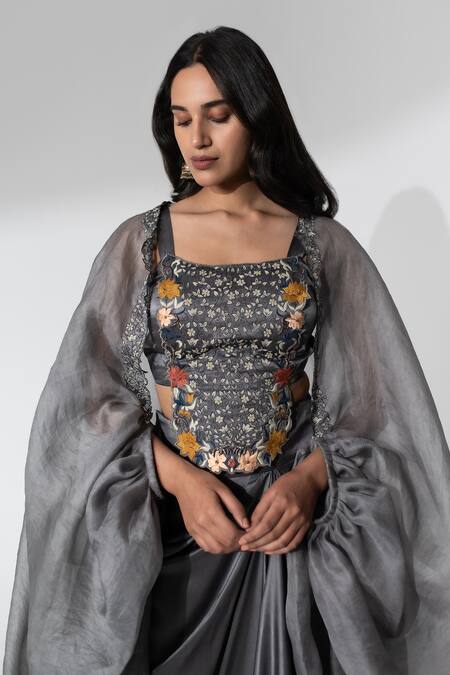 Shop Neelu And Manvi Gray Satin Embroidery, Applique Square Neck Floral Cape And Dhoti Skirt Set Online at Aza Fashions Shop_Neelu And Manvi_Gray Satin Embroidery, Applique Square Neck Floral Cape And Dhoti Skirt Set _Online_at_Aza_Fashions
