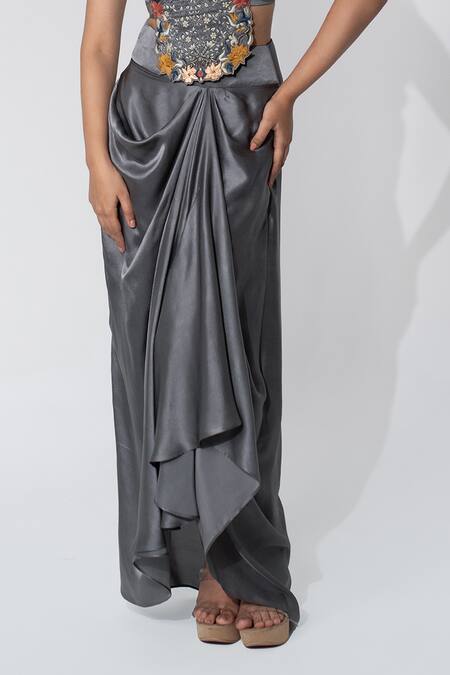 Neelu And Manvi Gray Satin Embroidery, Applique Square Neck Floral Cape And Dhoti Skirt Set at Aza Fashions Neelu And Manvi_Gray Satin Embroidery, Applique Square Neck Floral Cape And Dhoti Skirt Set _at_Aza_Fashions