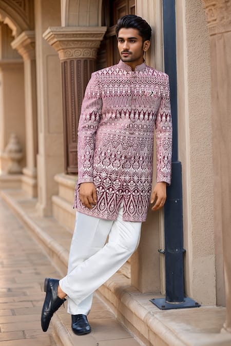 Arihant Rai Sinha Cream Silk, Velvet Embroidery Floral Thread Sherwani Set