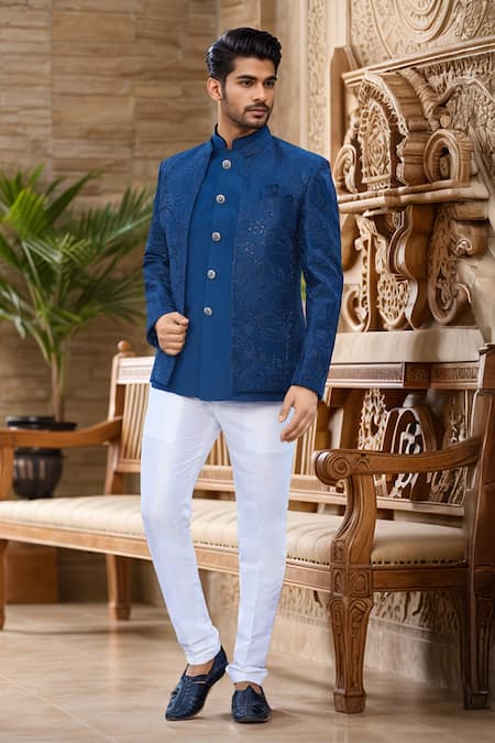 Shop_Arihant Rai Sinha_Blue Silk, Faux Leather Sequins, Embroidery Floral Thread Jodhpuri _at_Aza_Fashions