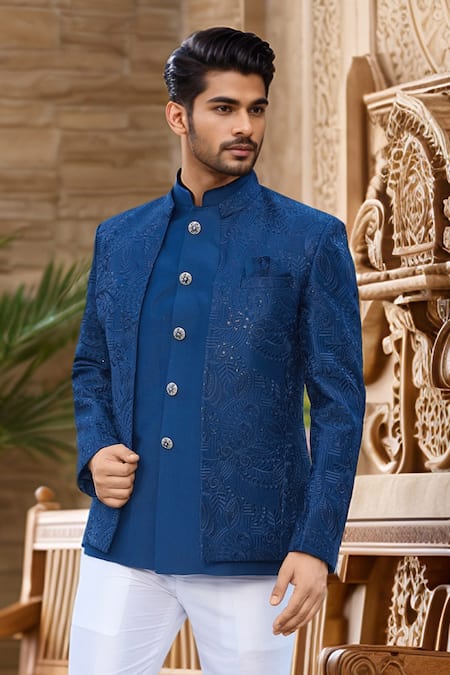 Arihant Rai Sinha_Blue Silk, Faux Leather Sequins, Embroidery Floral Thread Jodhpuri _Online_at_Aza_Fashions