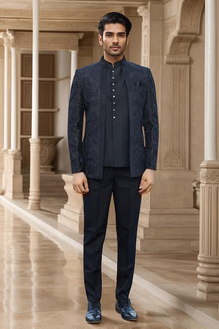 Buy_Arihant Rai Sinha_Black Silk, Faux Leather Sequins, Embroidery Jodhpuri _Online_at_Aza_Fashions