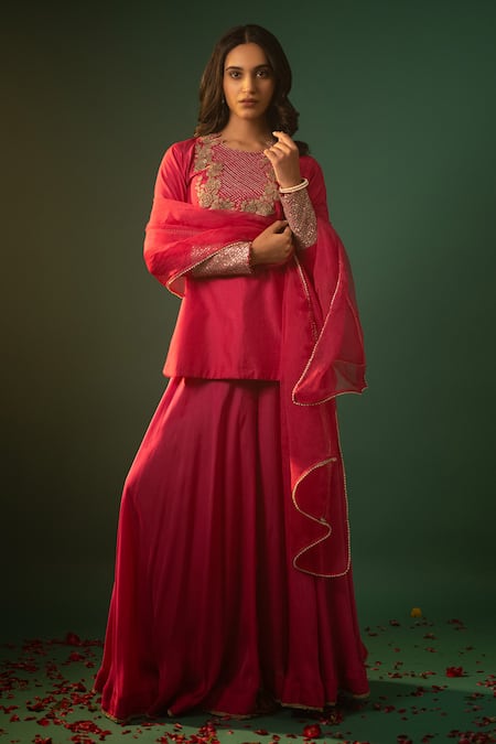 Neelu And Manvi_Pink Silk, Satin, Georgette, Organza Embroidery, Floral Kurta And Sharara Set _Online_at_Aza_Fashions