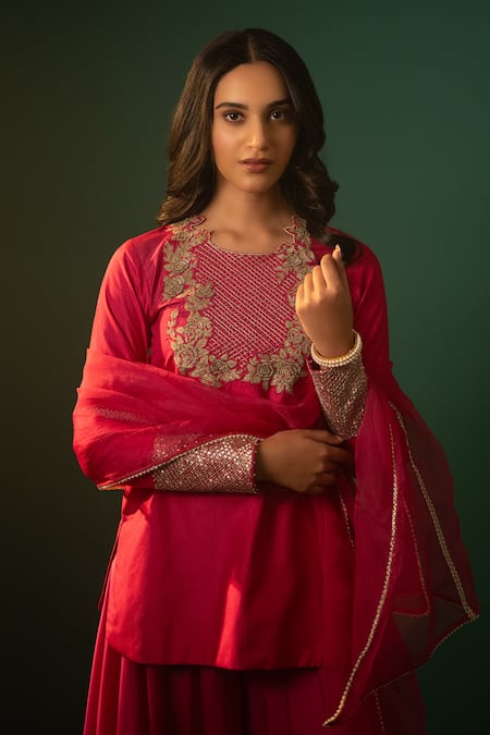 Buy_Neelu And Manvi_Pink Silk, Satin, Georgette, Organza Embroidery, Floral Kurta And Sharara Set _Online_at_Aza_Fashions