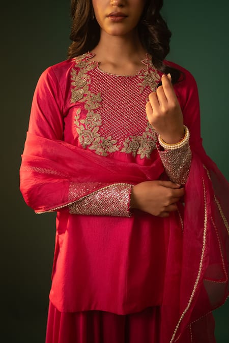 Shop_Neelu And Manvi_Pink Silk, Satin, Georgette, Organza Embroidery, Floral Kurta And Sharara Set _Online_at_Aza_Fashions