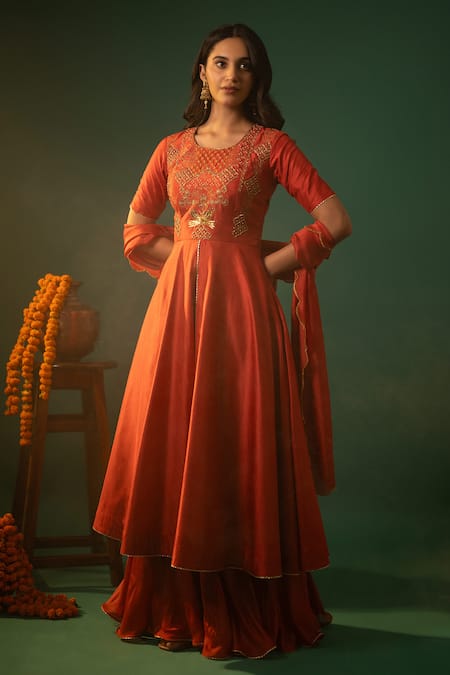Neelu And Manvi Red Cotton, Silk Embroidery, Sequins Round Floral Hand Anarkali Sharara Set Online at Aza Fashions Neelu And Manvi_Red Cotton, Silk Embroidery, Sequins Round Floral Hand Anarkali Sharara Set _Online_at_Aza_Fashions