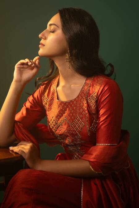 Shop Neelu And Manvi Red Cotton, Silk Embroidery, Sequins Round Floral Hand Anarkali Sharara Set Online at Aza Fashions Shop_Neelu And Manvi_Red Cotton, Silk Embroidery, Sequins Round Floral Hand Anarkali Sharara Set _Online_at_Aza_Fashions