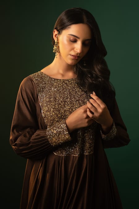 Neelu And Manvi_Brown Cotton, Silk Embroidery, Sequins Round Neck Floral Yoke Gown _Online_at_Aza_Fashions