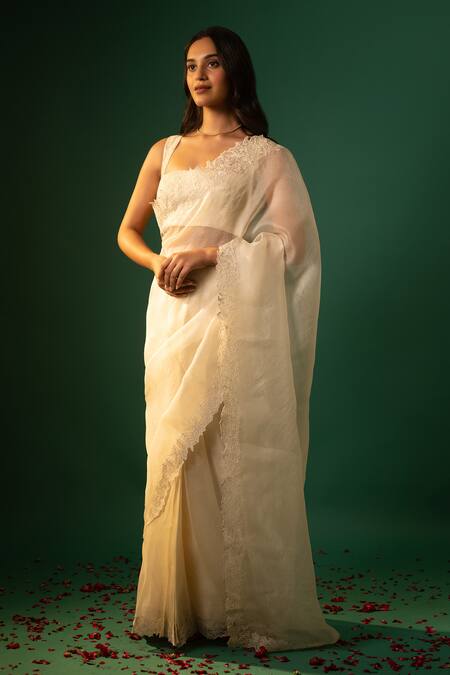Neelu And Manvi_Off White Silk, Organza Diamonds, Embroidery Square Floral Saree And Blouse _Online_at_Aza_Fashions