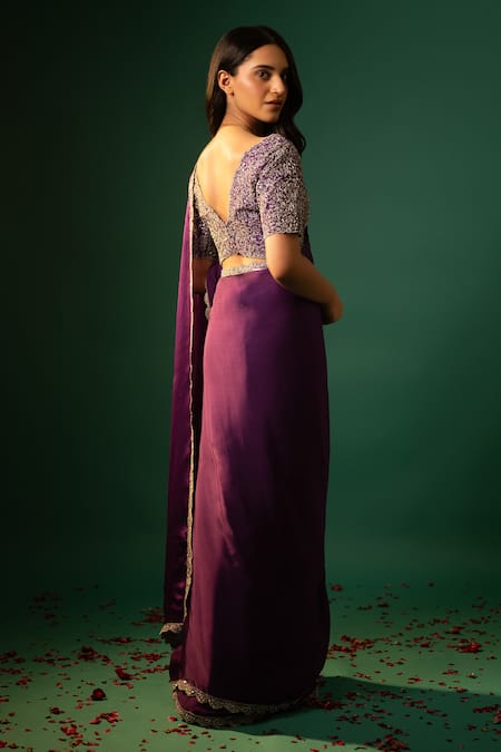 Neelu And Manvi Purple Scallop Trimmed Embroidered Saree Set 