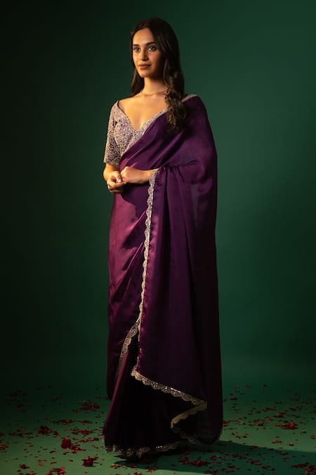 Neelu And Manvi_Purple Silk, Satin Zari, Embroidery Plunge Neck Scallop Trimmed Saree Set _Online_at_Aza_Fashions