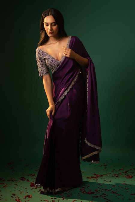 Buy_Neelu And Manvi_Purple Silk, Satin Zari, Embroidery Plunge Neck Scallop Trimmed Saree Set _Online_at_Aza_Fashions