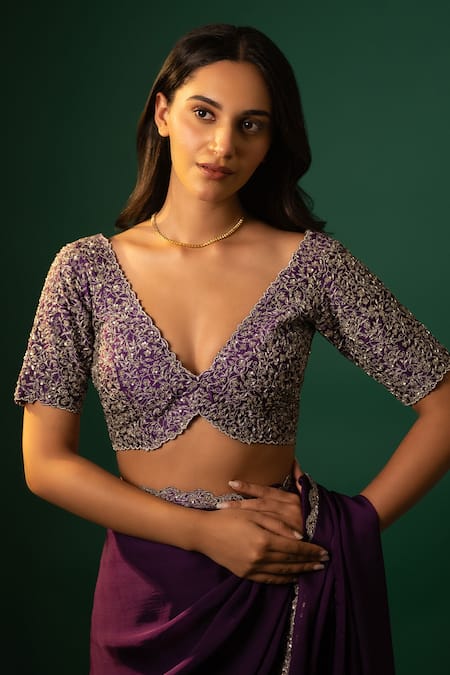 Shop_Neelu And Manvi_Purple Silk, Satin Zari, Embroidery Plunge Neck Scallop Trimmed Saree Set _Online_at_Aza_Fashions