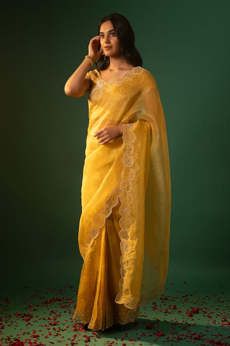 Neelu And Manvi_Yellow Silk, Organza Embroidery Polo Collar Floral Face Motif Saree Set _Online_at_Aza_Fashions